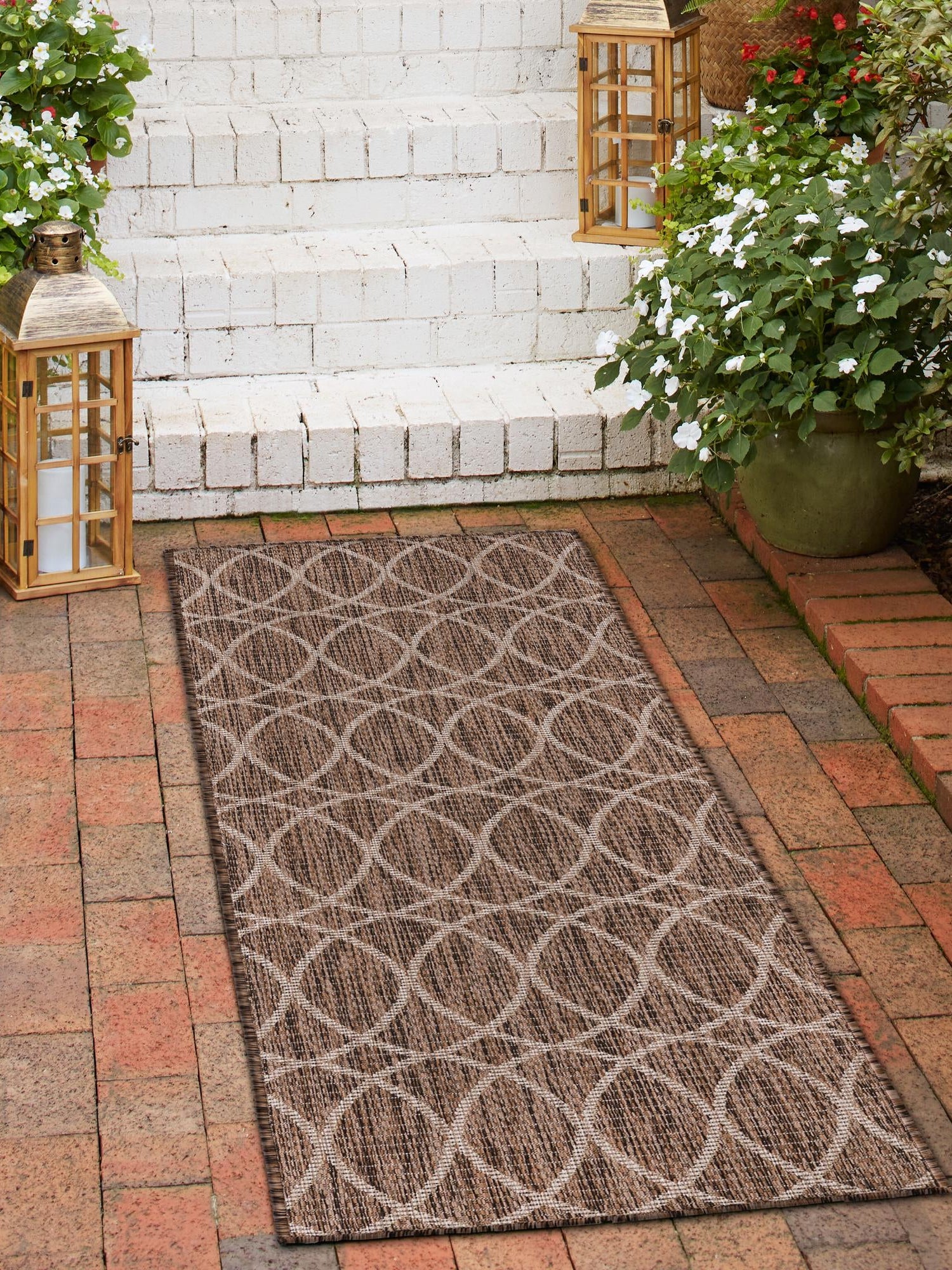 Brown 2' x 8' Outdoor Trellis Runner Area Rug Weather Resistant for Patio, Deck, Terrace, Balcony, Porch Geometric Design Water Safe Outside Carpet for Sale at Rug Engine