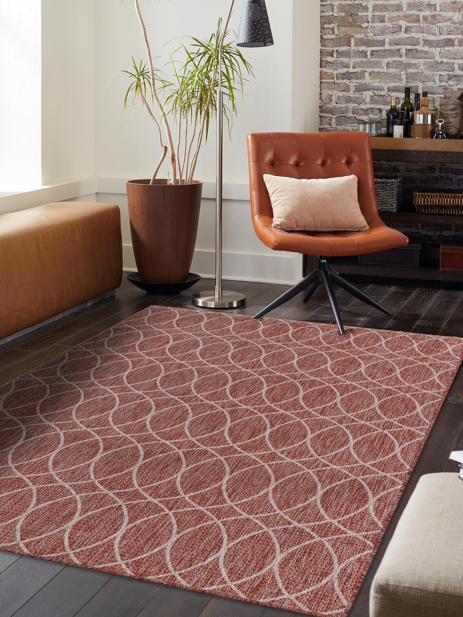 Rust Red 5' 3 x 8' Outdoor Trellis Rectangle Area Rug Weather Resistant for Patio, Deck, Terrace, Balcony, Porch Geometric Design Water Safe Outside Carpet for Sale at Rug Engine