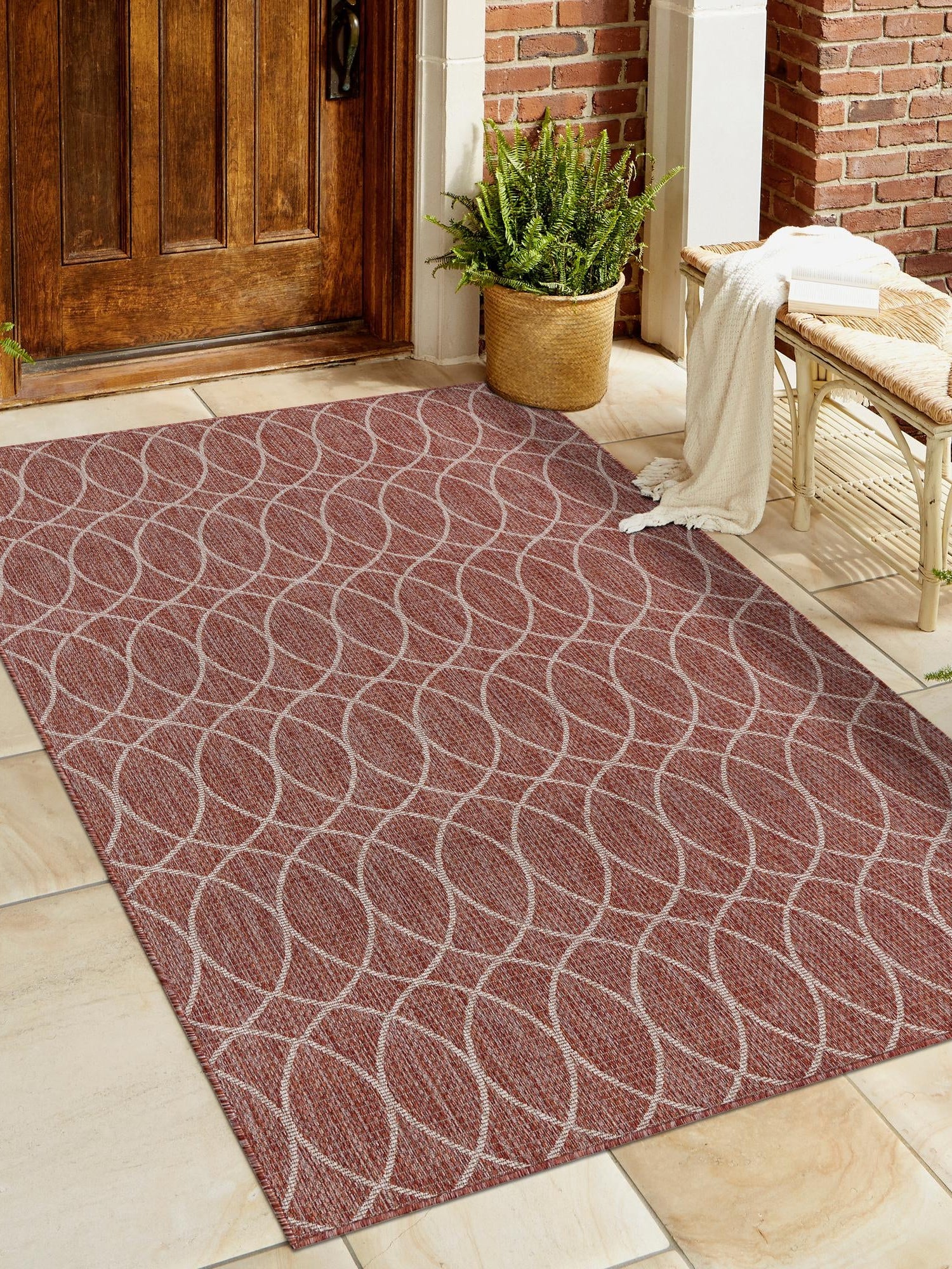 Rust Red 5' 3 x 8' Outdoor Trellis Rectangle Area Rug Weather Resistant for Patio, Deck, Terrace, Balcony, Porch Geometric Design Water Safe Outside Carpet for Sale at Rug Engine