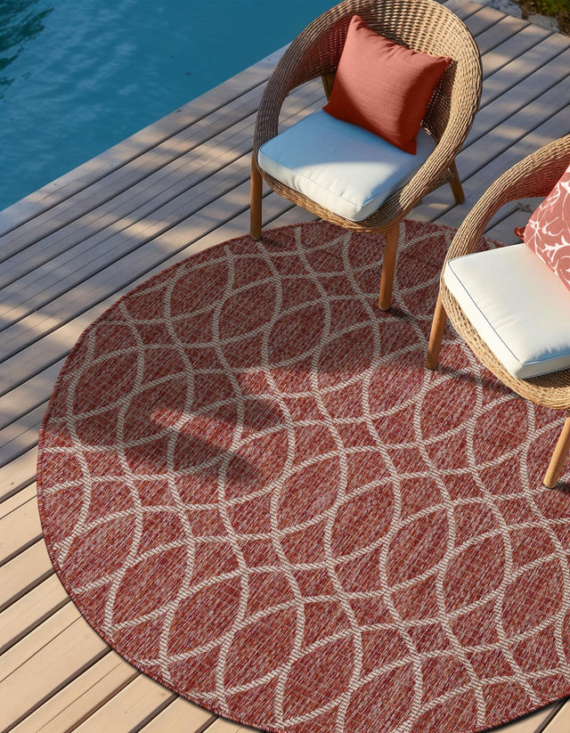 Rust Red 4' 1 x 4' 1 Outdoor Trellis Round Area Rug Weather Resistant for Patio, Deck, Terrace, Balcony, Porch Geometric Design Water Safe Outside Carpet for Sale at Rug Engine