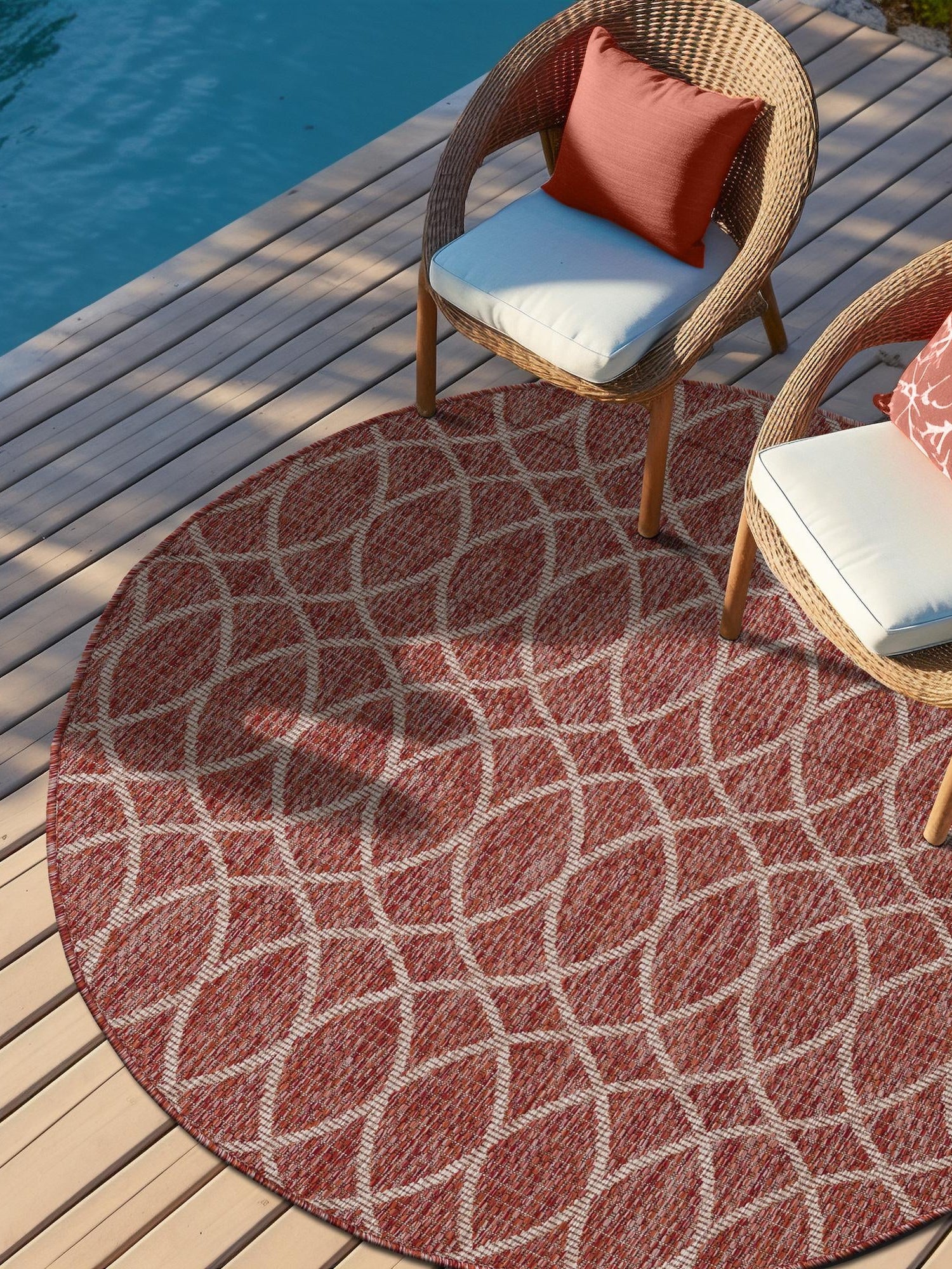 Rust Red 3' 1 x 3' 1 Outdoor Trellis Round Area Rug Weather Resistant for Patio, Deck, Terrace, Balcony, Porch Geometric Design Water Safe Outside Carpet for Sale at Rug Engine