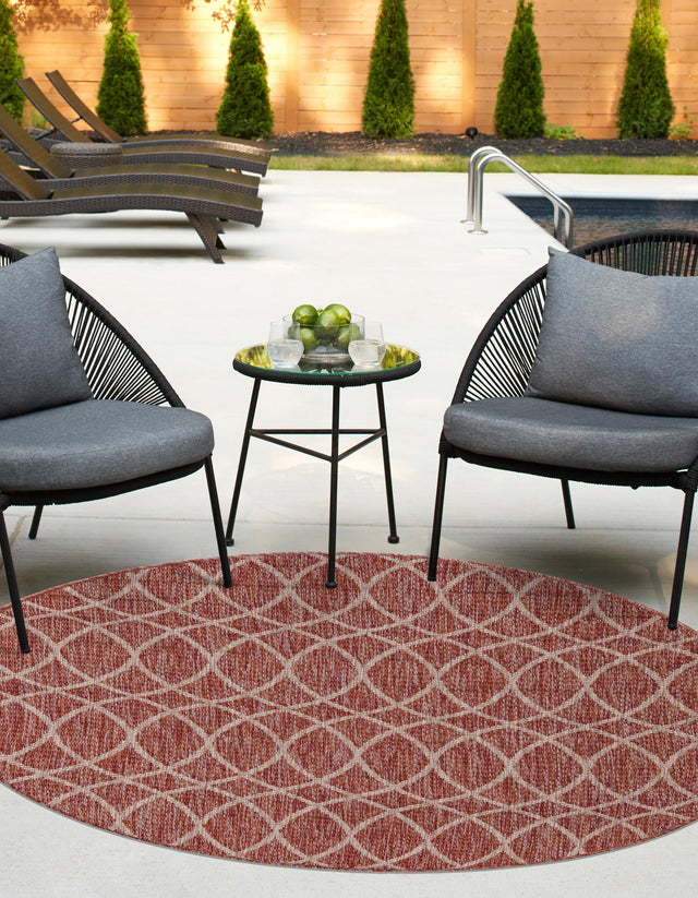 Rust Red 3' 1 x 3' 1 Outdoor Trellis Round Area Rug Weather Resistant for Patio, Deck, Terrace, Balcony, Porch Geometric Design Water Safe Outside Carpet for Sale at Rug Engine