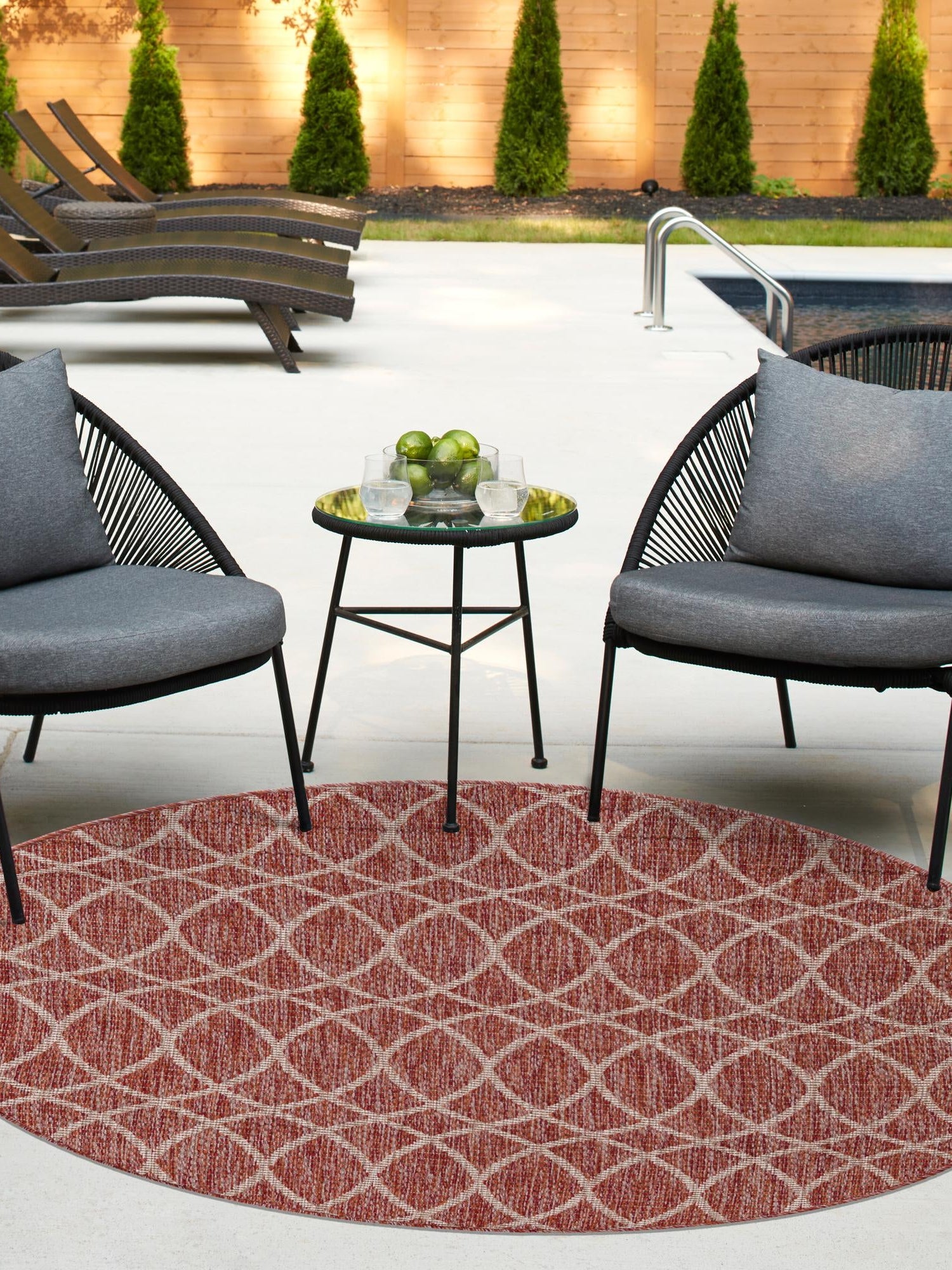 Rust Red 10' x 10' Outdoor Trellis Round Area Rug Weather Resistant for Patio, Deck, Terrace, Balcony, Porch Geometric Design Water Safe Outside Carpet for Sale at Rug Engine
