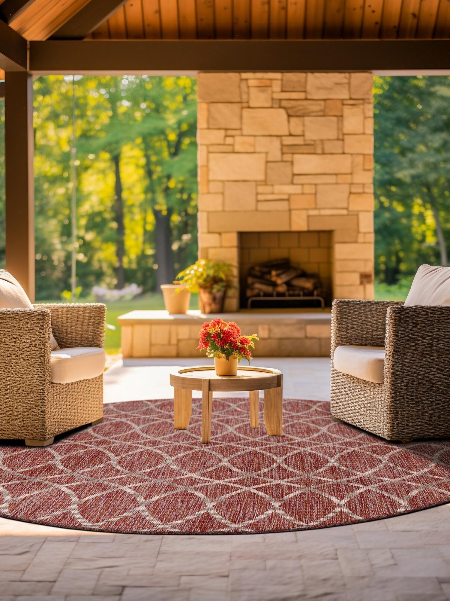 Rust Red 10' x 10' Outdoor Trellis Round Area Rug Weather Resistant for Patio, Deck, Terrace, Balcony, Porch Geometric Design Water Safe Outside Carpet for Sale at Rug Engine