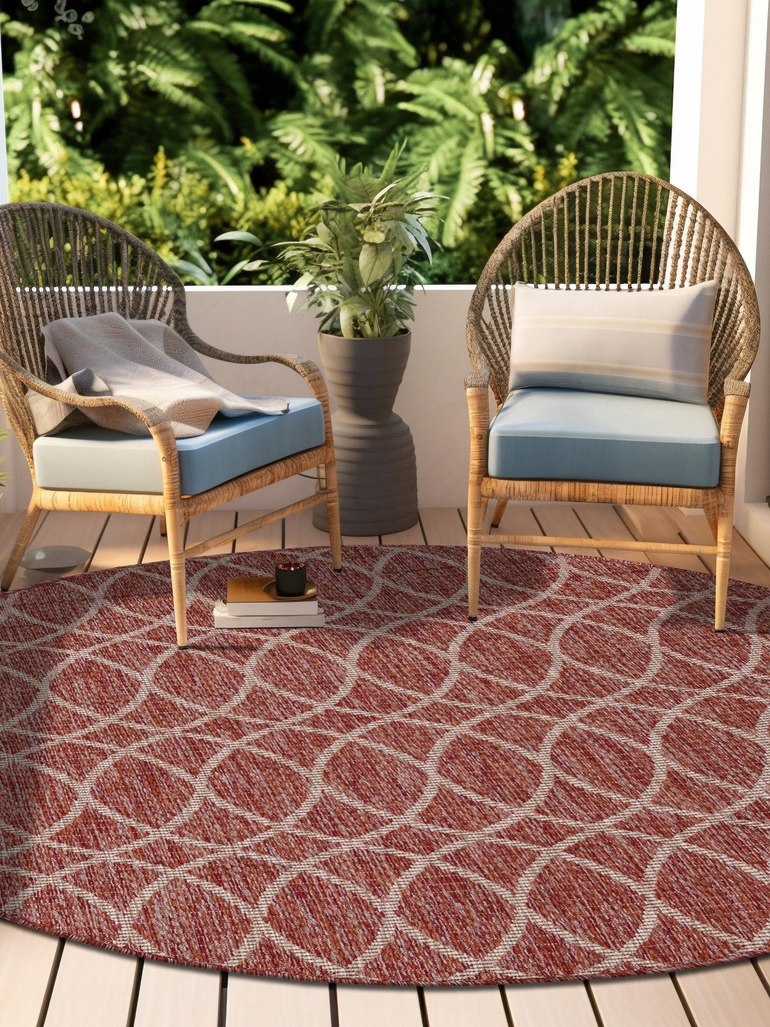 Rust Red 10' x 10' Outdoor Trellis Round Area Rug Weather Resistant for Patio, Deck, Terrace, Balcony, Porch Geometric Design Water Safe Outside Carpet for Sale at Rug Engine