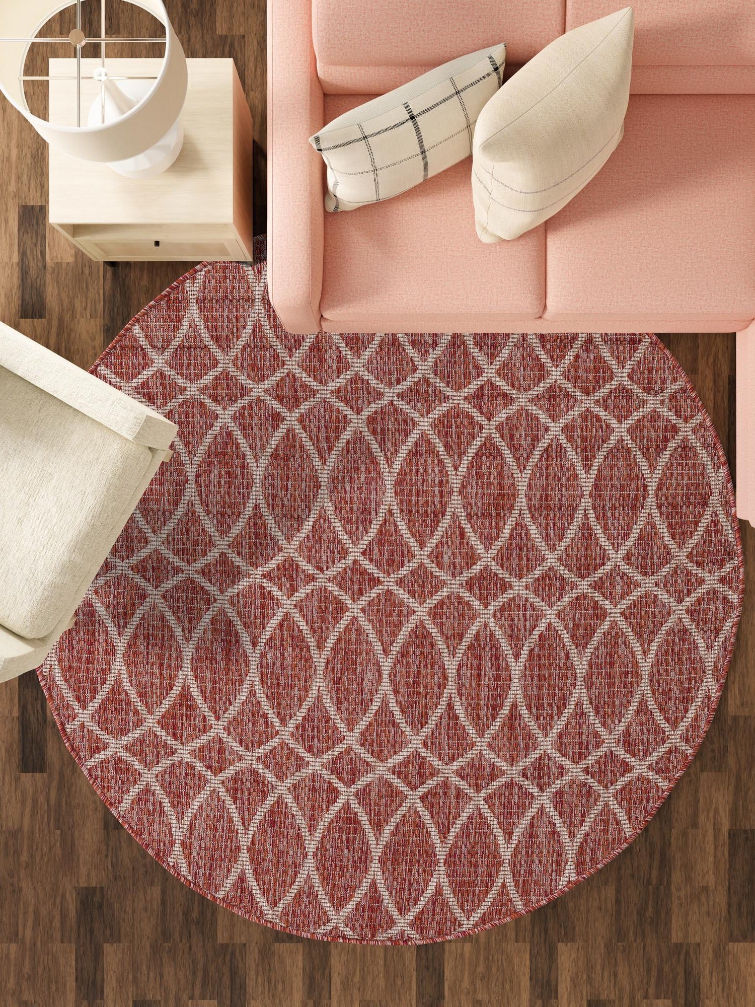 Rust Red 3' 1 x 3' 1 Outdoor Trellis Round Area Rug Weather Resistant for Patio, Deck, Terrace, Balcony, Porch Geometric Design Water Safe Outside Carpet for Sale at Rug Engine