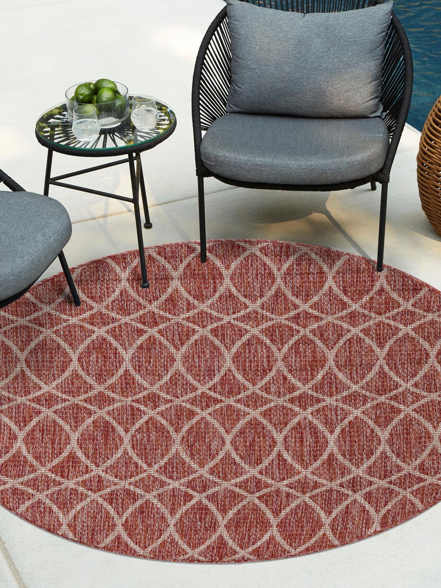Rust Red 3' 1 x 3' 1 Outdoor Trellis Round Area Rug Weather Resistant for Patio, Deck, Terrace, Balcony, Porch Geometric Design Water Safe Outside Carpet for Sale at Rug Engine