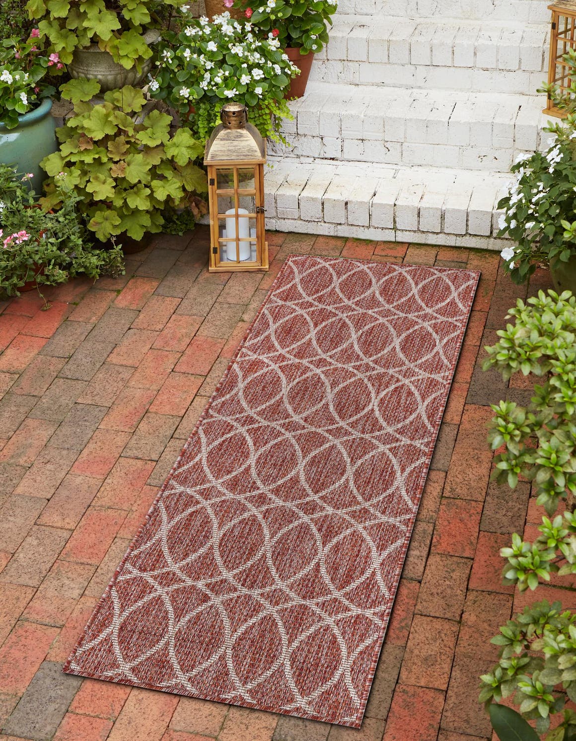 Rust Red 2' x 6' 1 Outdoor Trellis Runner Area Rug Weather Resistant for Patio, Deck, Terrace, Balcony, Porch Geometric Design Water Safe Outside Carpet for Sale at Rug Engine