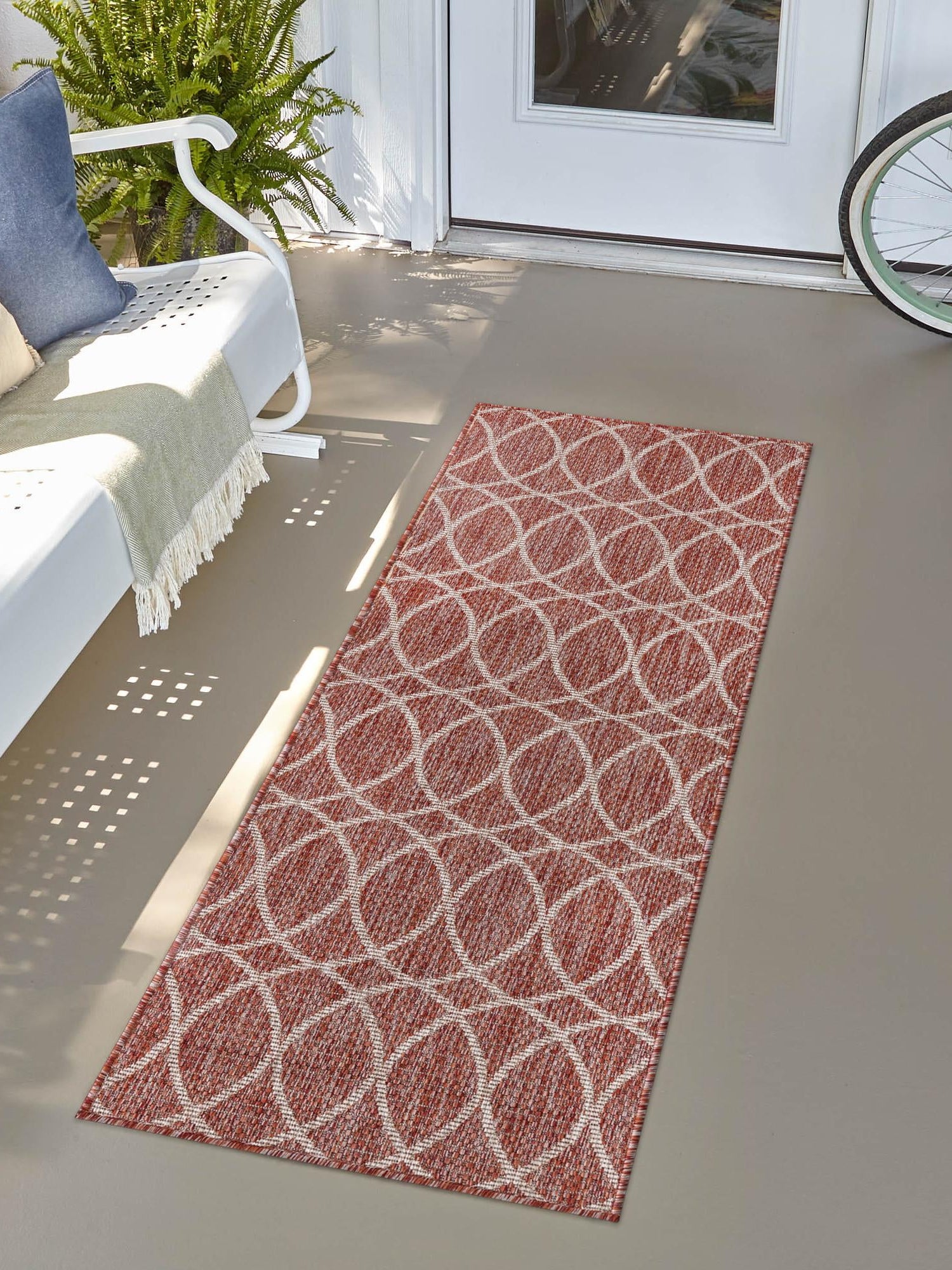 Rust Red 2' x 8' Outdoor Trellis Runner Area Rug Weather Resistant for Patio, Deck, Terrace, Balcony, Porch Geometric Design Water Safe Outside Carpet for Sale at Rug Engine