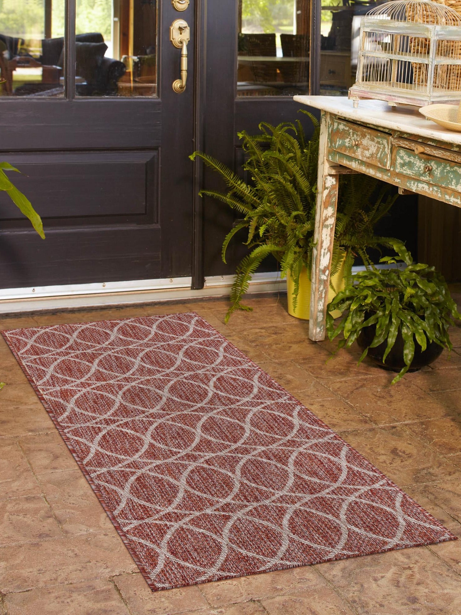 Rust Red 2' 7 x 10' Outdoor Trellis Runner Area Rug Weather Resistant for Patio, Deck, Terrace, Balcony, Porch Geometric Design Water Safe Outside Carpet for Sale at Rug Engine