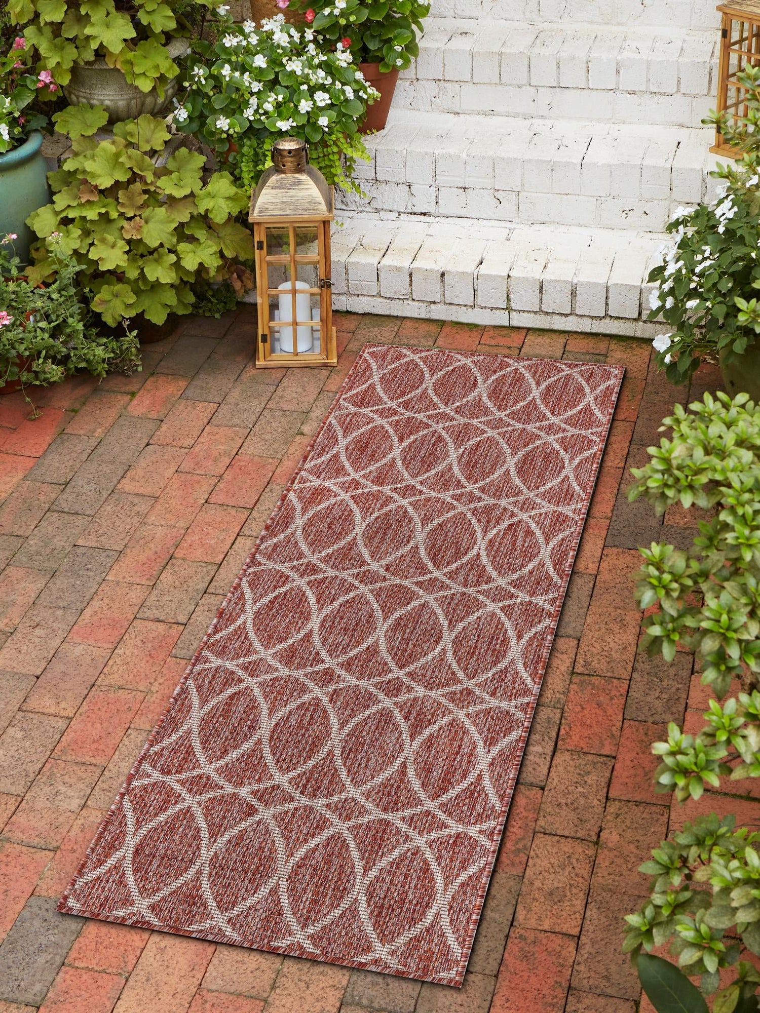 Rust Red 2' 7 x 10' Outdoor Trellis Runner Area Rug Weather Resistant for Patio, Deck, Terrace, Balcony, Porch Geometric Design Water Safe Outside Carpet for Sale at Rug Engine