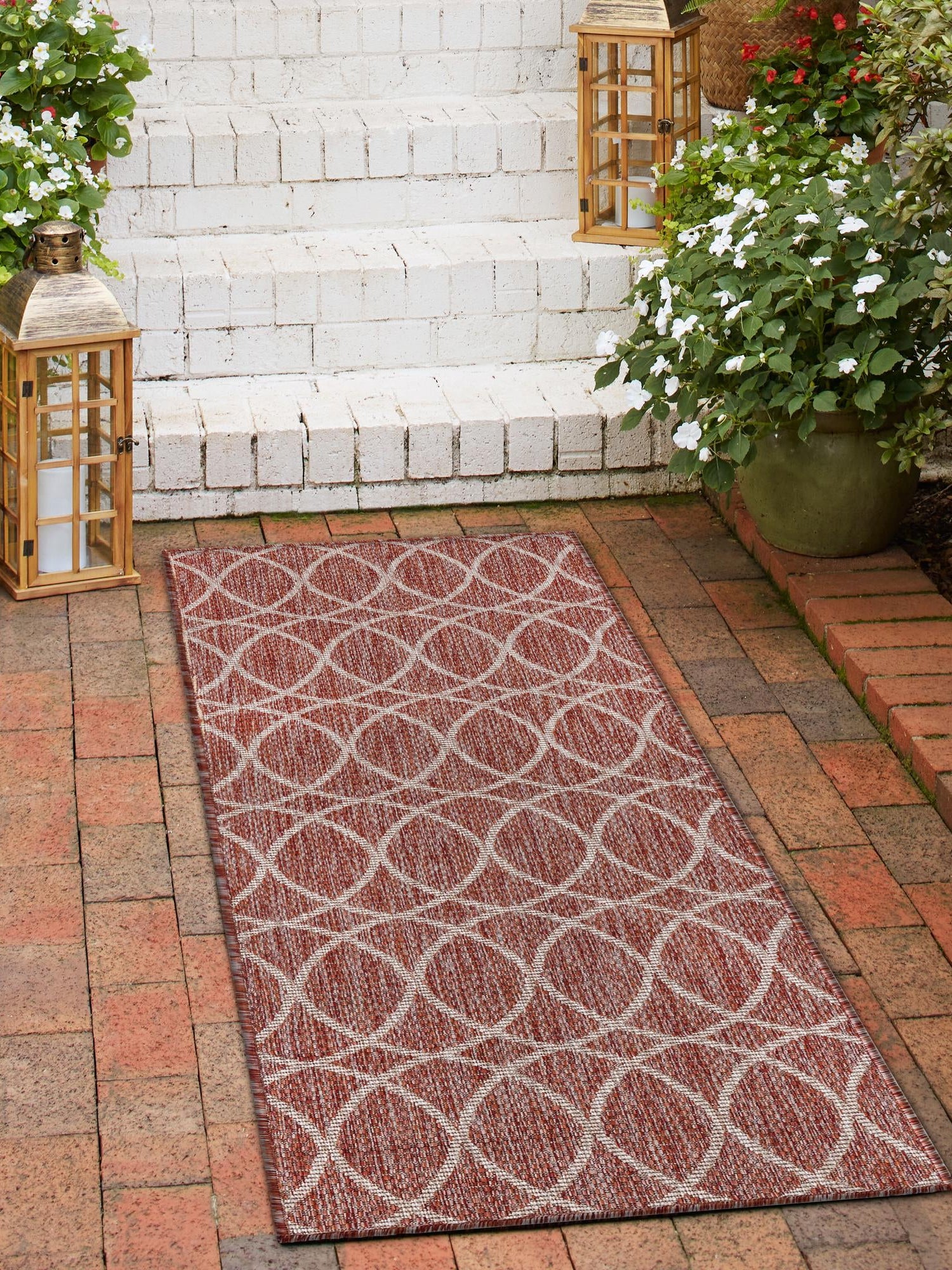Rust Red 2' x 8' Outdoor Trellis Runner Area Rug Weather Resistant for Patio, Deck, Terrace, Balcony, Porch Geometric Design Water Safe Outside Carpet for Sale at Rug Engine