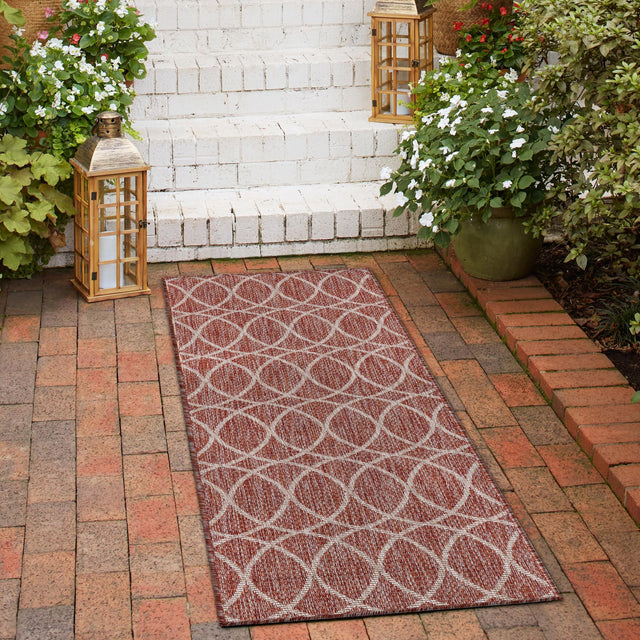 Rust Red 2' x 8' Outdoor Trellis Runner Area Rug Weather Resistant for Patio, Deck, Terrace, Balcony, Porch Geometric Design Water Safe Outside Carpet for Sale at Rug Engine