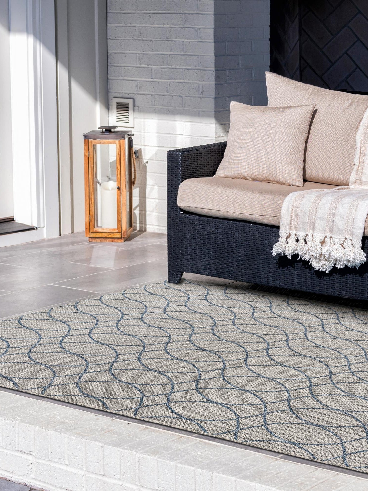 Gray Blue 4' x 6' Outdoor Trellis Rectangle Area Rug Weather Resistant for Patio, Deck, Terrace, Balcony, Porch Geometric Design Water Safe Outside Carpet for Sale at Rug Engine