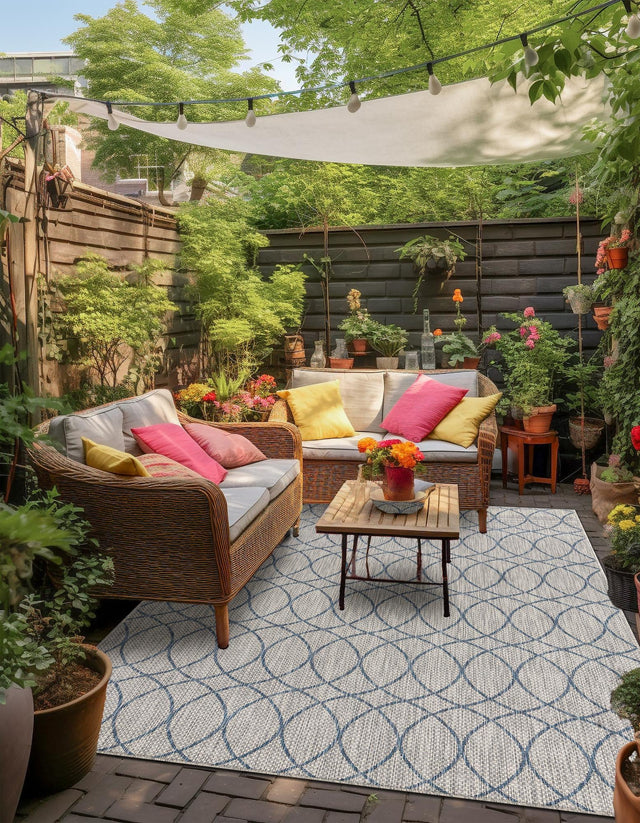 Gray Blue 8' x 11' Outdoor Trellis Rectangle Area Rug Weather Resistant for Patio, Deck, Terrace, Balcony, Porch Geometric Design Water Safe Outside Carpet for Sale at Rug Engine