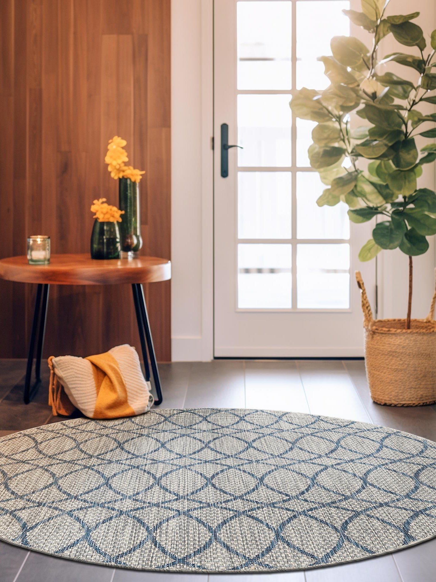 Gray Blue 3' x 3' Outdoor Trellis Round Area Rug Weather Resistant for Patio, Deck, Terrace, Balcony, Porch Geometric Design Water Safe Outside Carpet for Sale at Rug Engine