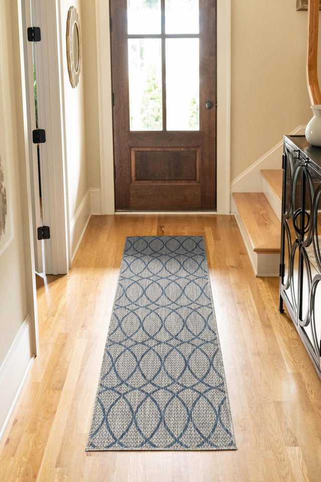 Gray Blue 2' x 7' 10 Outdoor Trellis Runner Area Rug Weather Resistant for Patio, Deck, Terrace, Balcony, Porch Geometric Design Water Safe Outside Carpet for Sale at Rug Engine