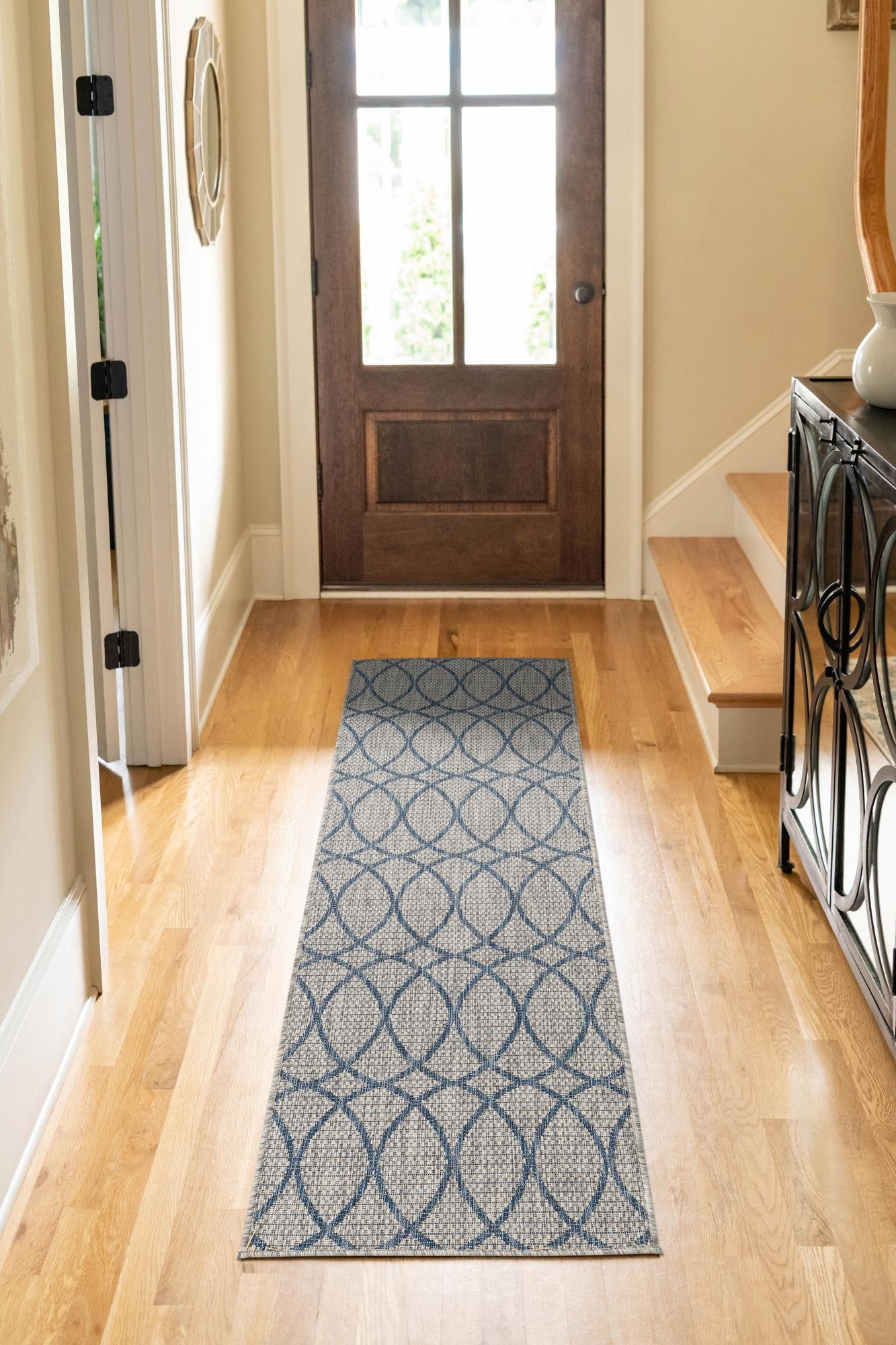 Gray Blue 2' x 6' Outdoor Trellis Runner Area Rug Weather Resistant for Patio, Deck, Terrace, Balcony, Porch Geometric Design Water Safe Outside Carpet for Sale at Rug Engine