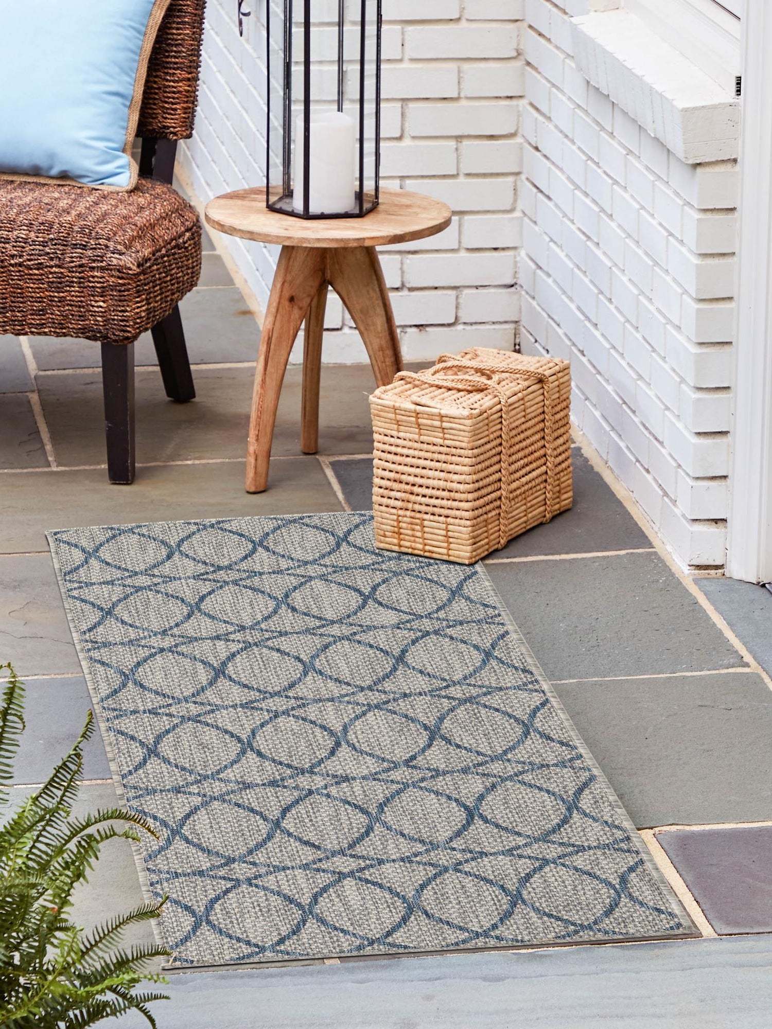 Gray Blue 2' x 6' Outdoor Trellis Runner Area Rug Weather Resistant for Patio, Deck, Terrace, Balcony, Porch Geometric Design Water Safe Outside Carpet for Sale at Rug Engine