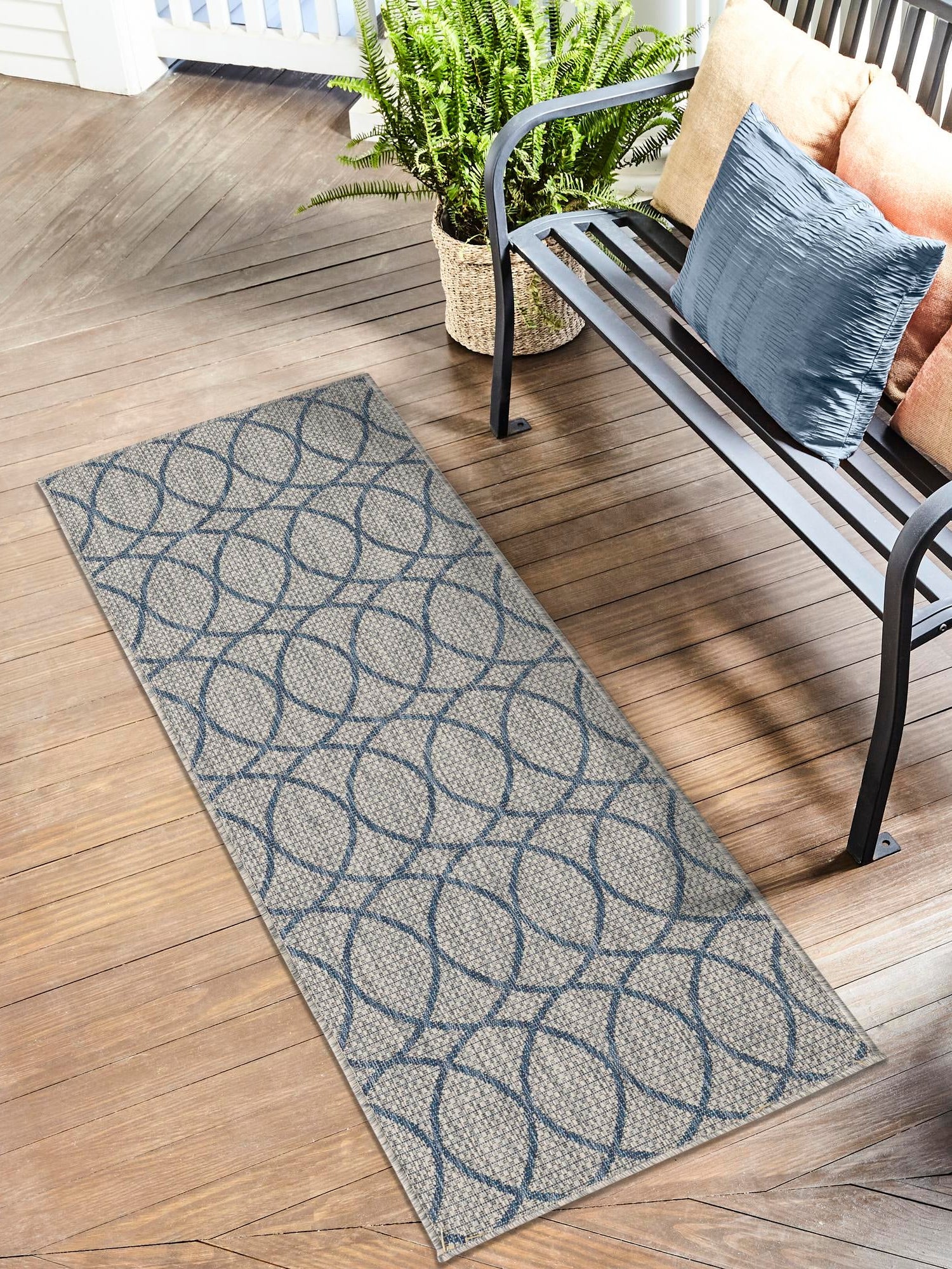 Gray Blue 2' x 6' Outdoor Trellis Runner Area Rug Weather Resistant for Patio, Deck, Terrace, Balcony, Porch Geometric Design Water Safe Outside Carpet for Sale at Rug Engine