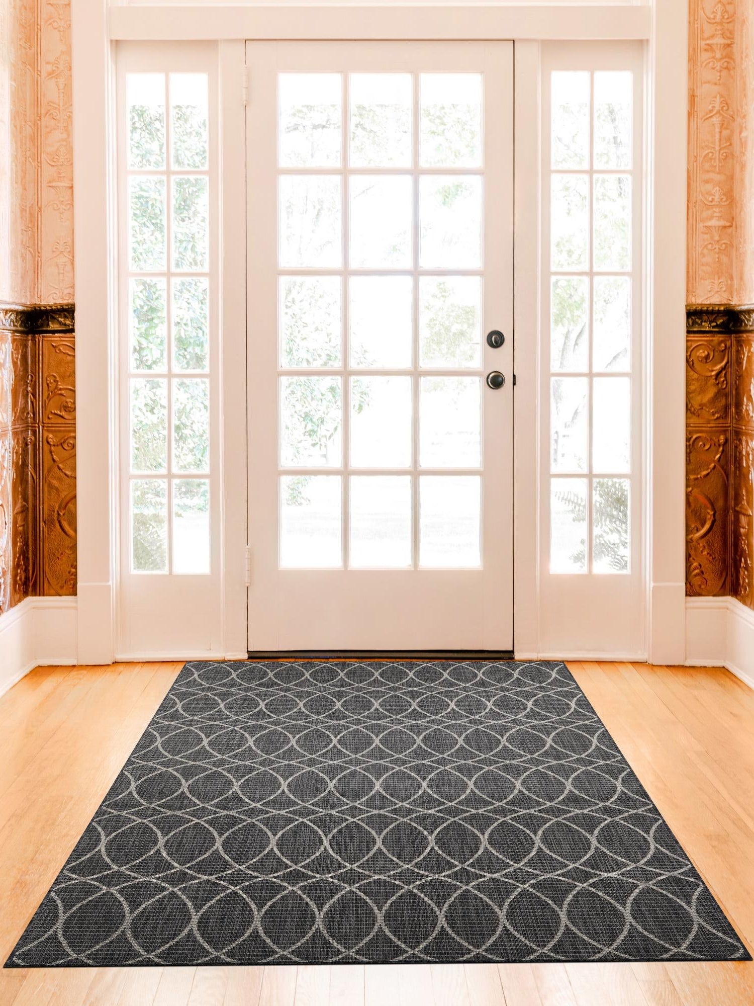 Charcoal 4' 1 x 6' 1 Outdoor Trellis Rectangle Area Rug Weather Resistant for Patio, Deck, Terrace, Balcony, Porch Geometric Design Water Safe Outside Carpet for Sale at Rug Engine