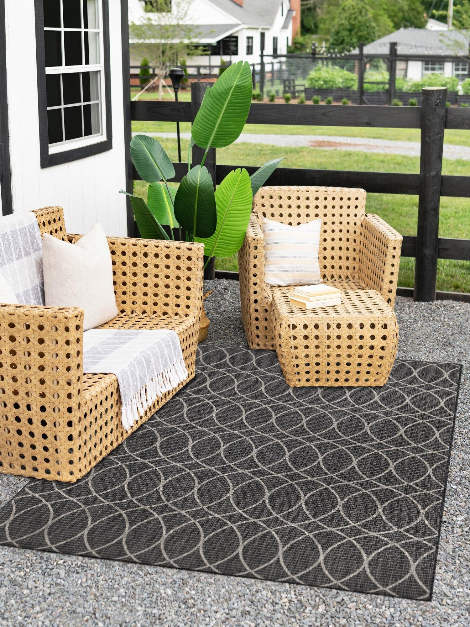 Charcoal 4' 1 x 6' 1 Outdoor Trellis Rectangle Area Rug Weather Resistant for Patio, Deck, Terrace, Balcony, Porch Geometric Design Water Safe Outside Carpet for Sale at Rug Engine