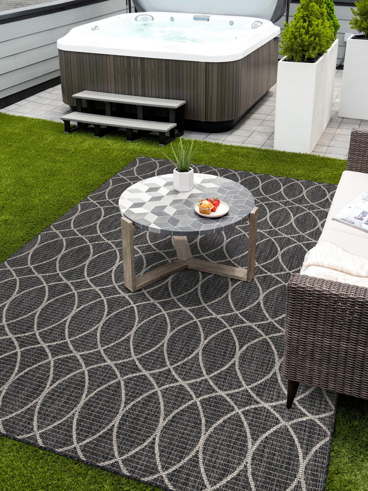 Charcoal 4' 1 x 6' 1 Outdoor Trellis Rectangle Area Rug Weather Resistant for Patio, Deck, Terrace, Balcony, Porch Geometric Design Water Safe Outside Carpet for Sale at Rug Engine