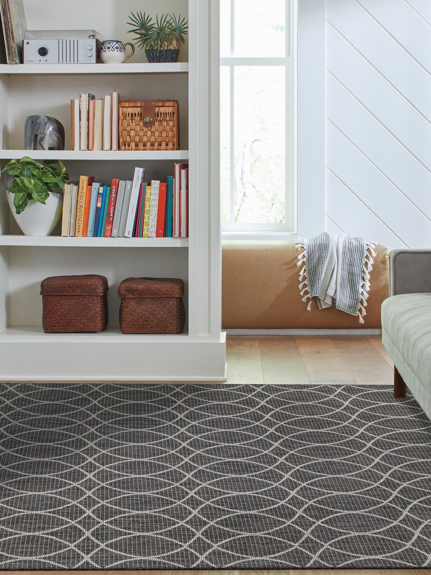 Charcoal 9' x 12' Outdoor Trellis Rectangle Area Rug Weather Resistant for Patio, Deck, Terrace, Balcony, Porch Geometric Design Water Safe Outside Carpet for Sale at Rug Engine