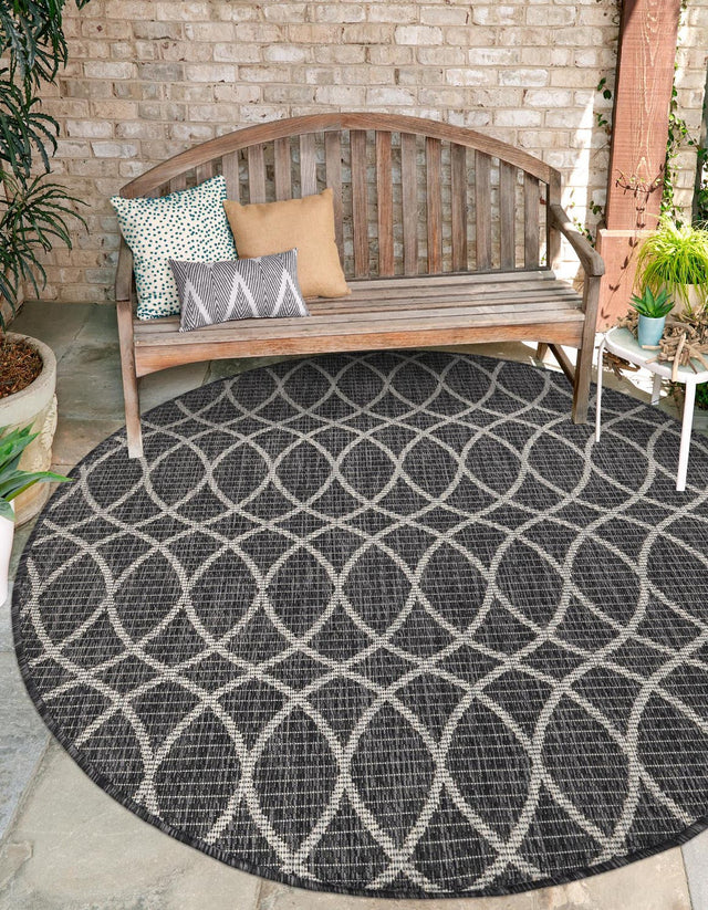 Charcoal 4' 1 x 4' 1 Outdoor Trellis Round Area Rug Weather Resistant for Patio, Deck, Terrace, Balcony, Porch Geometric Design Water Safe Outside Carpet for Sale at Rug Engine