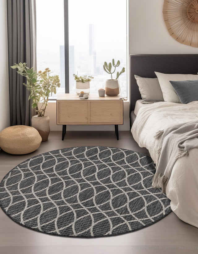 Charcoal 4' 1 x 4' 1 Outdoor Trellis Round Area Rug Weather Resistant for Patio, Deck, Terrace, Balcony, Porch Geometric Design Water Safe Outside Carpet for Sale at Rug Engine