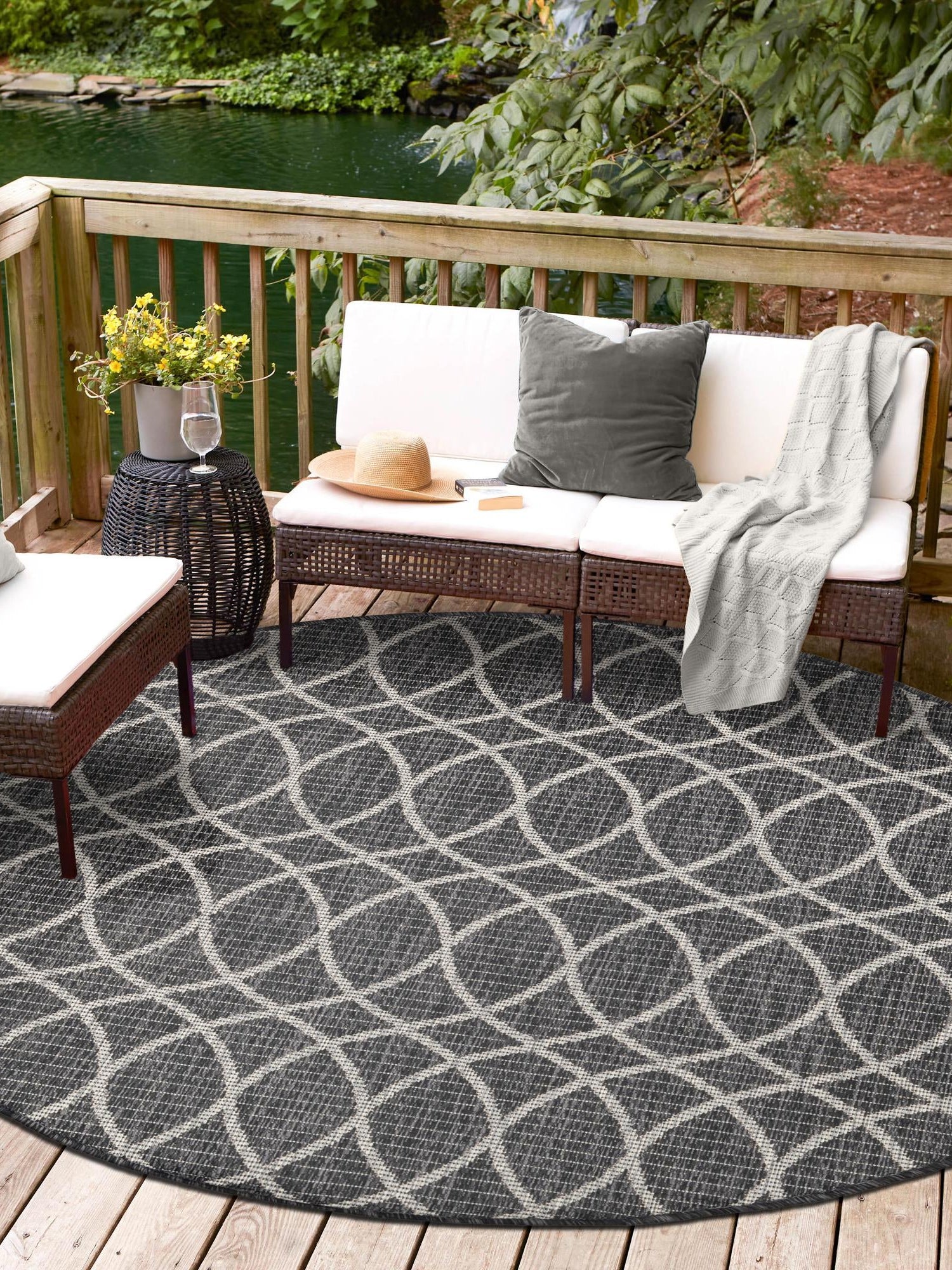 Charcoal 10' x 10' Outdoor Trellis Round Area Rug Weather Resistant for Patio, Deck, Terrace, Balcony, Porch Geometric Design Water Safe Outside Carpet for Sale at Rug Engine