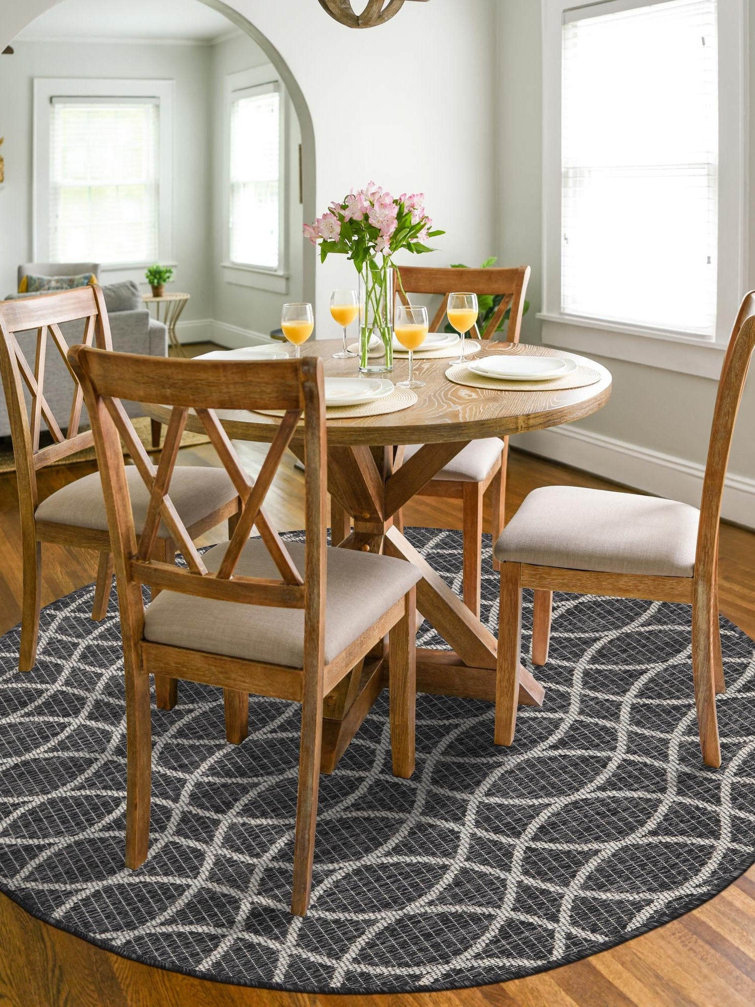 Charcoal 4' 1 x 4' 1 Outdoor Trellis Round Area Rug Weather Resistant for Patio, Deck, Terrace, Balcony, Porch Geometric Design Water Safe Outside Carpet for Sale at Rug Engine