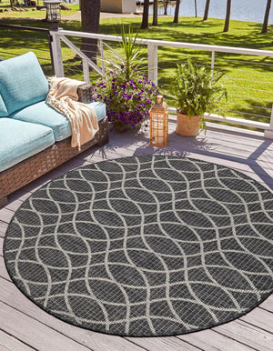 Charcoal 3' 1 x 3' 1 Outdoor Trellis Round Area Rug Weather Resistant for Patio, Deck, Terrace, Balcony, Porch Geometric Design Water Safe Outside Carpet for Sale at Rug Engine