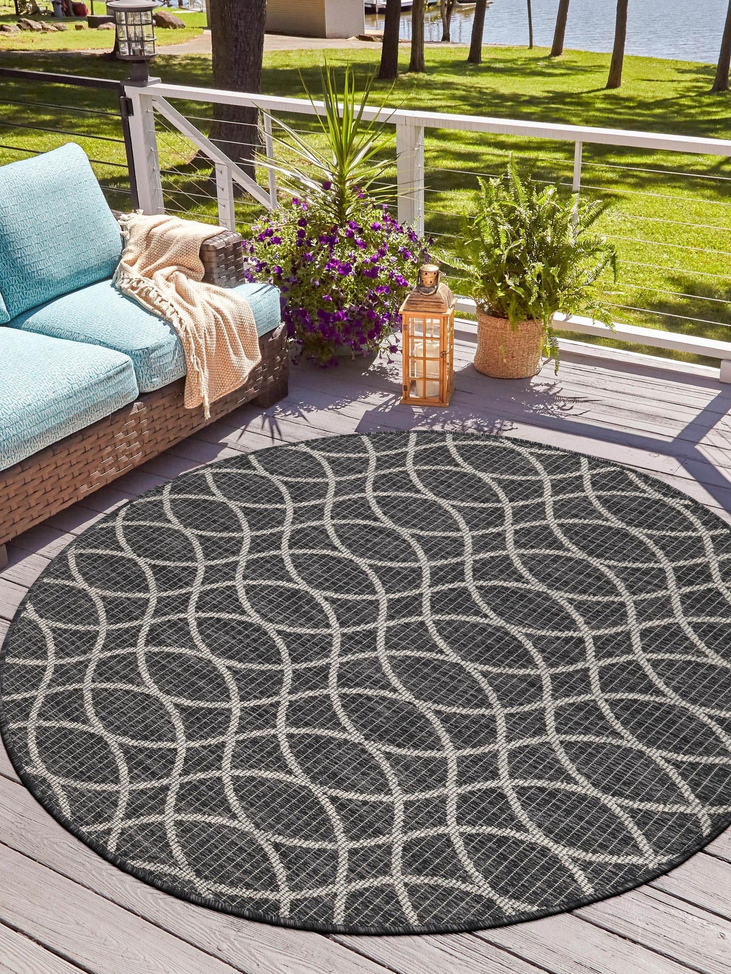 Charcoal 10' x 10' Outdoor Trellis Round Area Rug Weather Resistant for Patio, Deck, Terrace, Balcony, Porch Geometric Design Water Safe Outside Carpet for Sale at Rug Engine