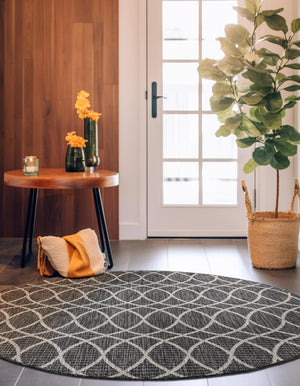 Charcoal 3' 1 x 3' 1 Outdoor Trellis Round Area Rug Weather Resistant for Patio, Deck, Terrace, Balcony, Porch Geometric Design Water Safe Outside Carpet for Sale at Rug Engine