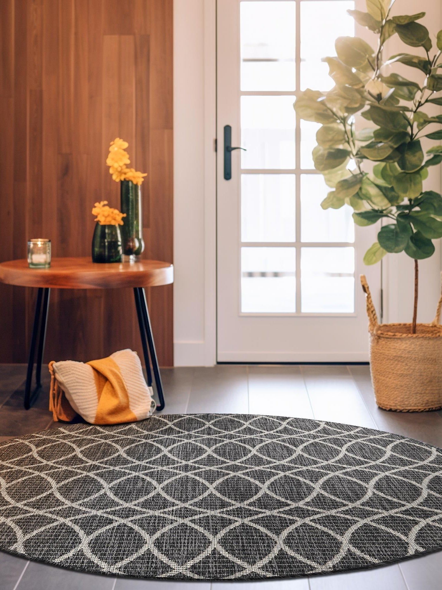 Charcoal 10' x 10' Outdoor Trellis Round Area Rug Weather Resistant for Patio, Deck, Terrace, Balcony, Porch Geometric Design Water Safe Outside Carpet for Sale at Rug Engine