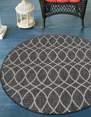 Charcoal 3' 1 x 3' 1 Outdoor Trellis Round Area Rug Weather Resistant for Patio, Deck, Terrace, Balcony, Porch Geometric Design Water Safe Outside Carpet for Sale at Rug Engine
