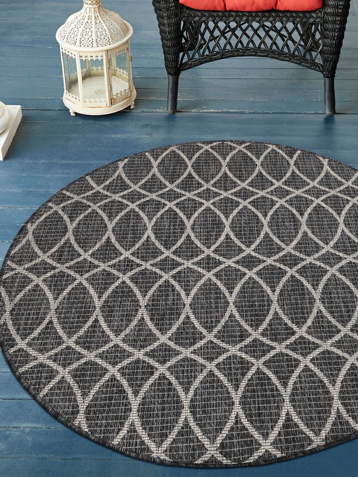 Charcoal 10' x 10' Outdoor Trellis Round Area Rug Weather Resistant for Patio, Deck, Terrace, Balcony, Porch Geometric Design Water Safe Outside Carpet for Sale at Rug Engine