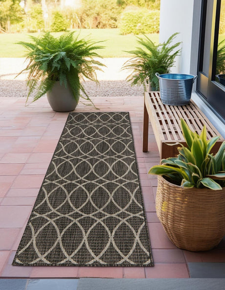 Charcoal 2' x 6' 1 Outdoor Trellis Runner Area Rug Weather Resistant for Patio, Deck, Terrace, Balcony, Porch Geometric Design Water Safe Outside Carpet for Sale at Rug Engine