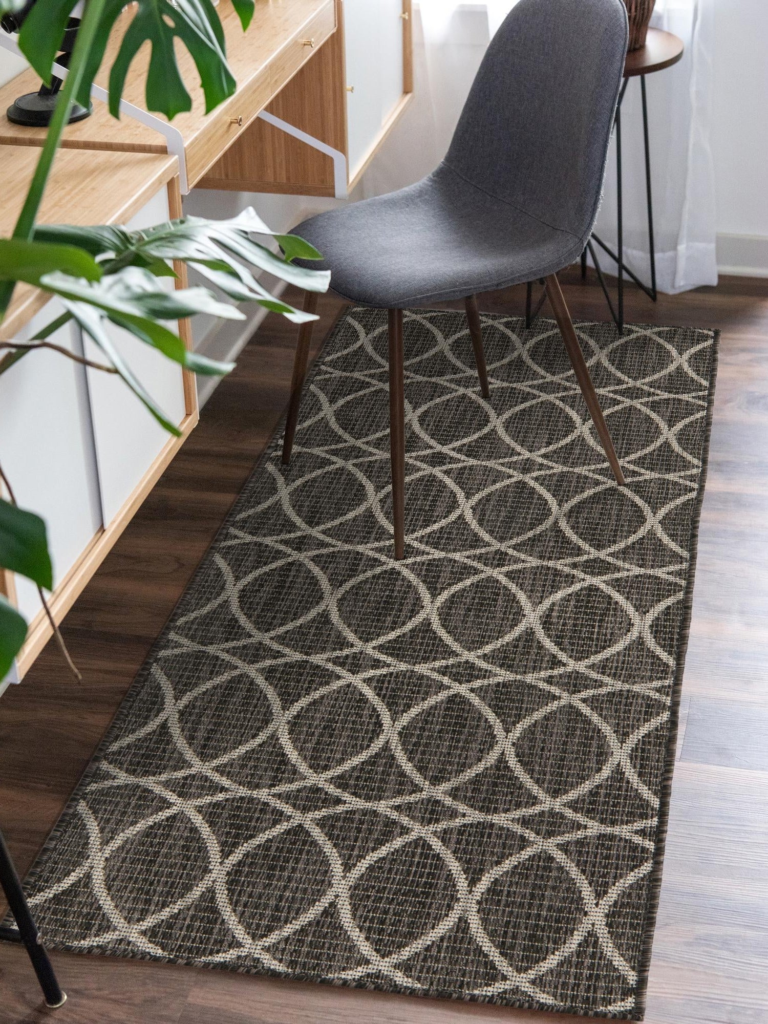 Charcoal 2' x 6' 1 Outdoor Trellis Runner Area Rug Weather Resistant for Patio, Deck, Terrace, Balcony, Porch Geometric Design Water Safe Outside Carpet for Sale at Rug Engine
