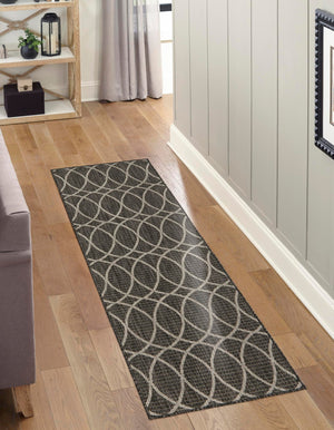 Charcoal 2' x 6' 1 Outdoor Trellis Runner Area Rug Weather Resistant for Patio, Deck, Terrace, Balcony, Porch Geometric Design Water Safe Outside Carpet for Sale at Rug Engine
