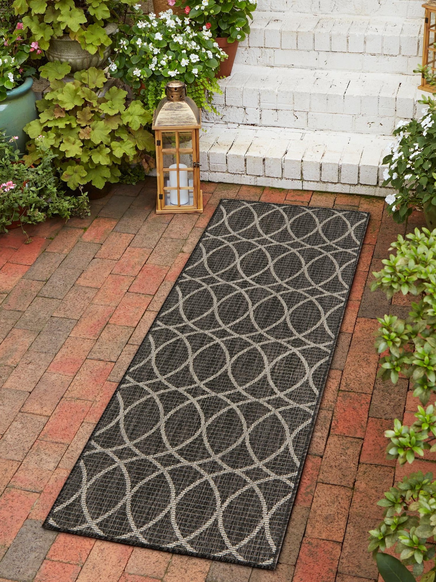 Charcoal 2' x 6' 1 Outdoor Trellis Runner Area Rug Weather Resistant for Patio, Deck, Terrace, Balcony, Porch Geometric Design Water Safe Outside Carpet for Sale at Rug Engine