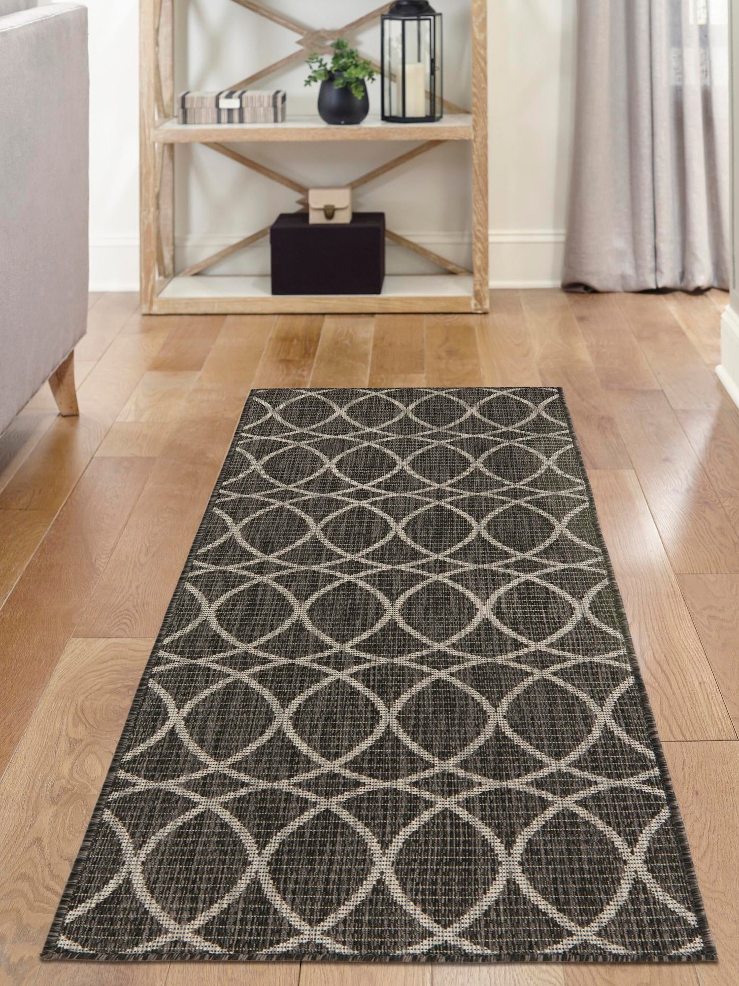 Charcoal 2' x 6' 1 Outdoor Trellis Runner Area Rug Weather Resistant for Patio, Deck, Terrace, Balcony, Porch Geometric Design Water Safe Outside Carpet for Sale at Rug Engine