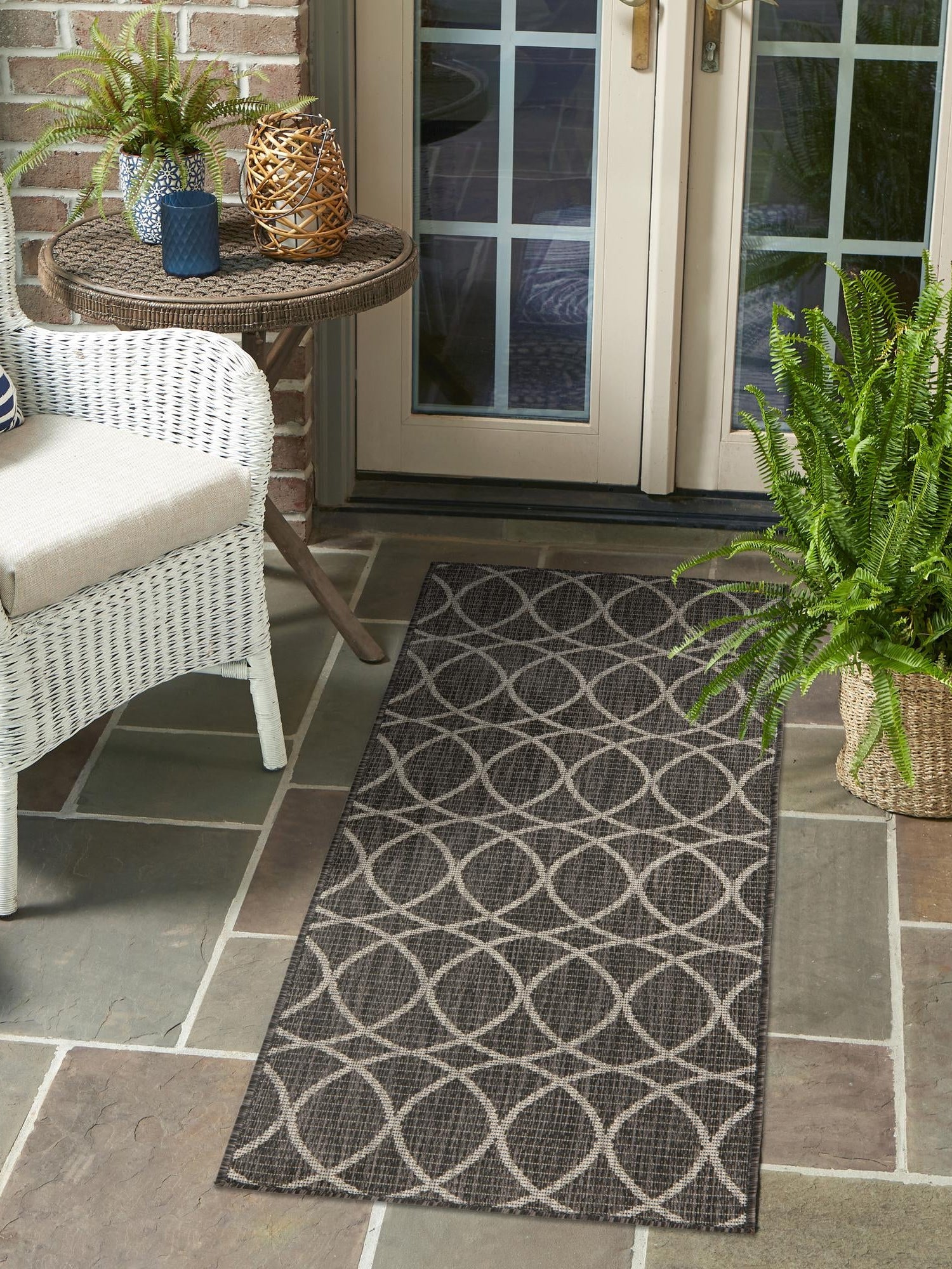 Charcoal 2' x 6' 1 Outdoor Trellis Runner Area Rug Weather Resistant for Patio, Deck, Terrace, Balcony, Porch Geometric Design Water Safe Outside Carpet for Sale at Rug Engine