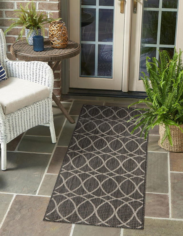 Charcoal 2' x 6' 1 Outdoor Trellis Runner Area Rug Weather Resistant for Patio, Deck, Terrace, Balcony, Porch Geometric Design Water Safe Outside Carpet for Sale at Rug Engine