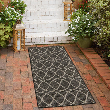 Charcoal 2' x 6' 1 Outdoor Trellis Runner Area Rug Weather Resistant for Patio, Deck, Terrace, Balcony, Porch Geometric Design Water Safe Outside Carpet for Sale at Rug Engine
