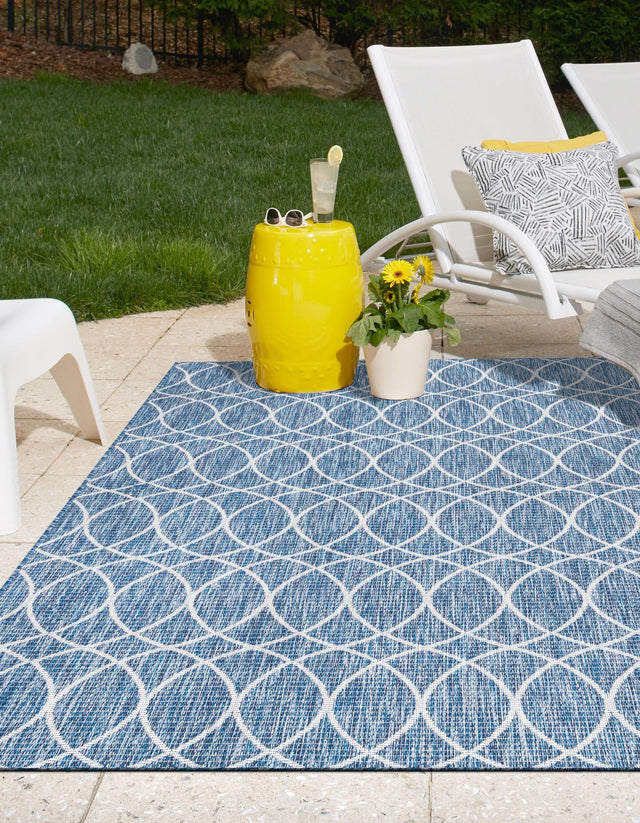 Blue 3' 1 x 5' 3 Outdoor Trellis Rectangle Area Rug Weather Resistant for Patio, Deck, Terrace, Balcony, Porch Geometric Design Water Safe Outside Carpet for Sale at Rug Engine