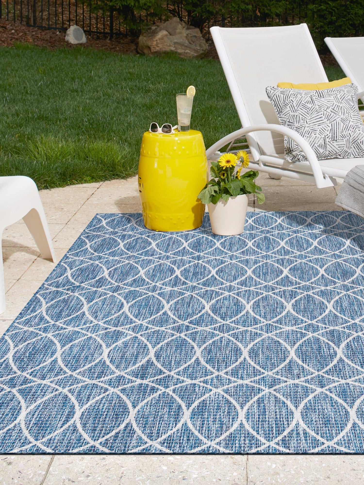 Blue 7' 10 x 11' Outdoor Trellis Rectangle Area Rug Weather Resistant for Patio, Deck, Terrace, Balcony, Porch Geometric Design Water Safe Outside Carpet for Sale at Rug Engine