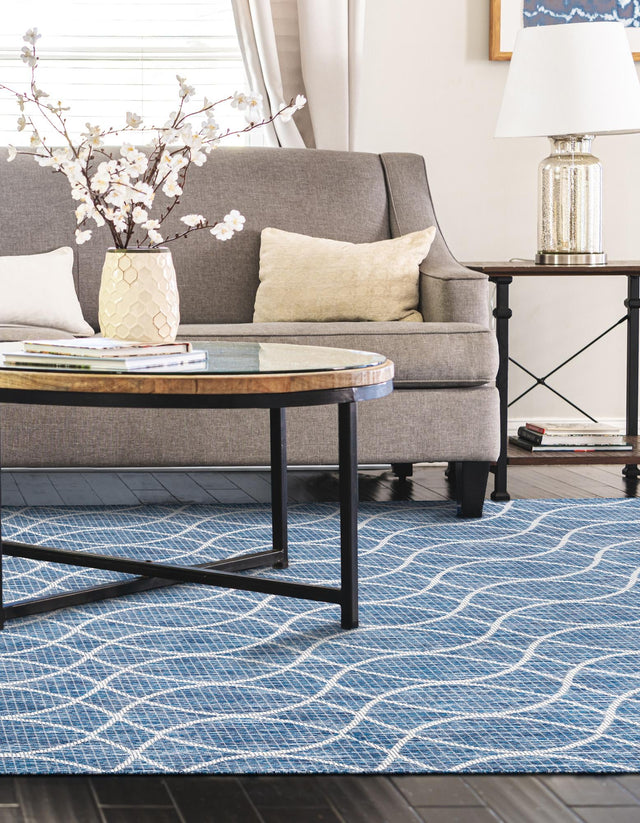 Blue 5' 3 x 8' Outdoor Trellis Rectangle Area Rug Weather Resistant for Patio, Deck, Terrace, Balcony, Porch Geometric Design Water Safe Outside Carpet for Sale at Rug Engine