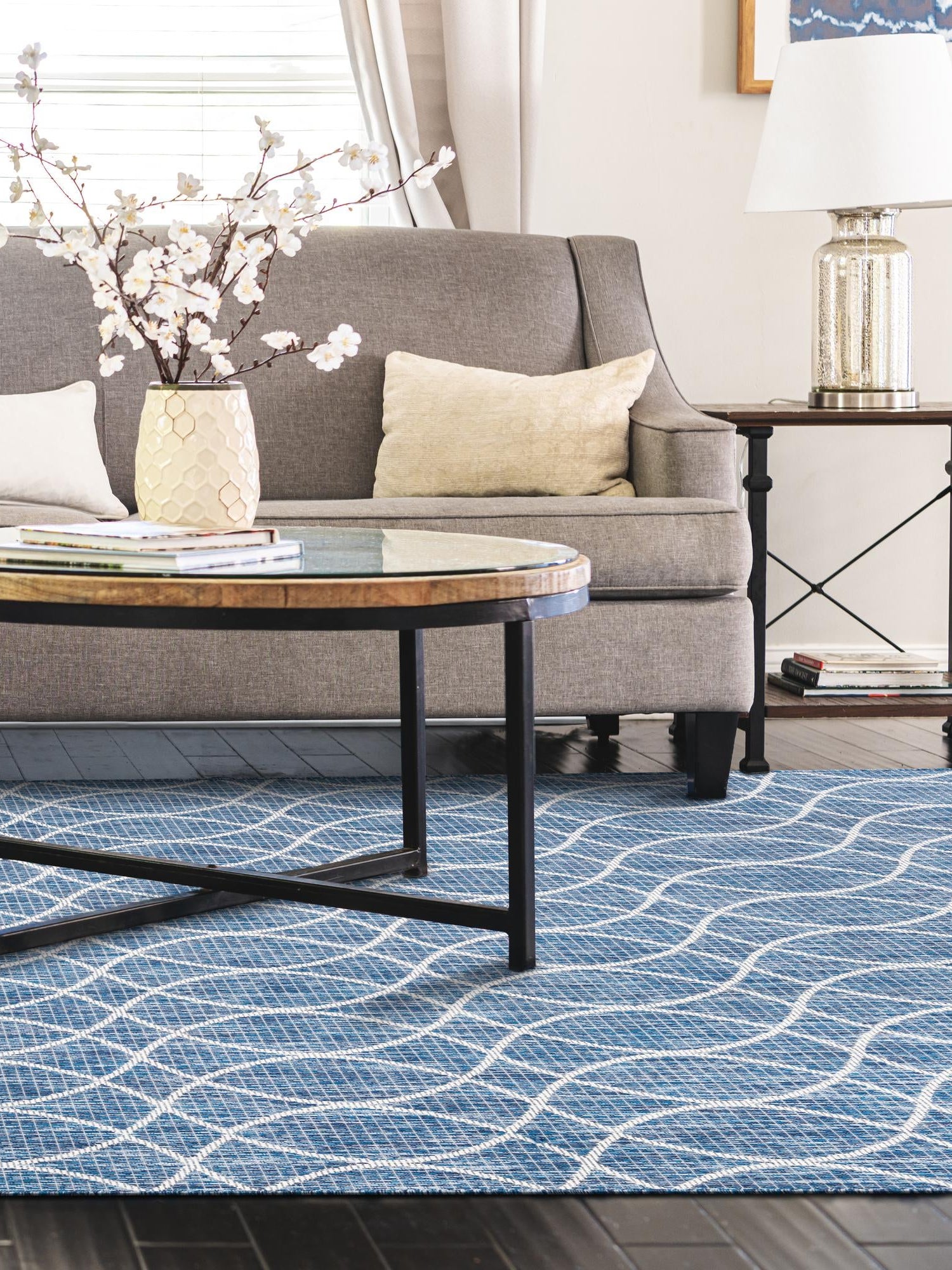 Blue 9' x 12' Outdoor Trellis Rectangle Area Rug Weather Resistant for Patio, Deck, Terrace, Balcony, Porch Geometric Design Water Safe Outside Carpet for Sale at Rug Engine